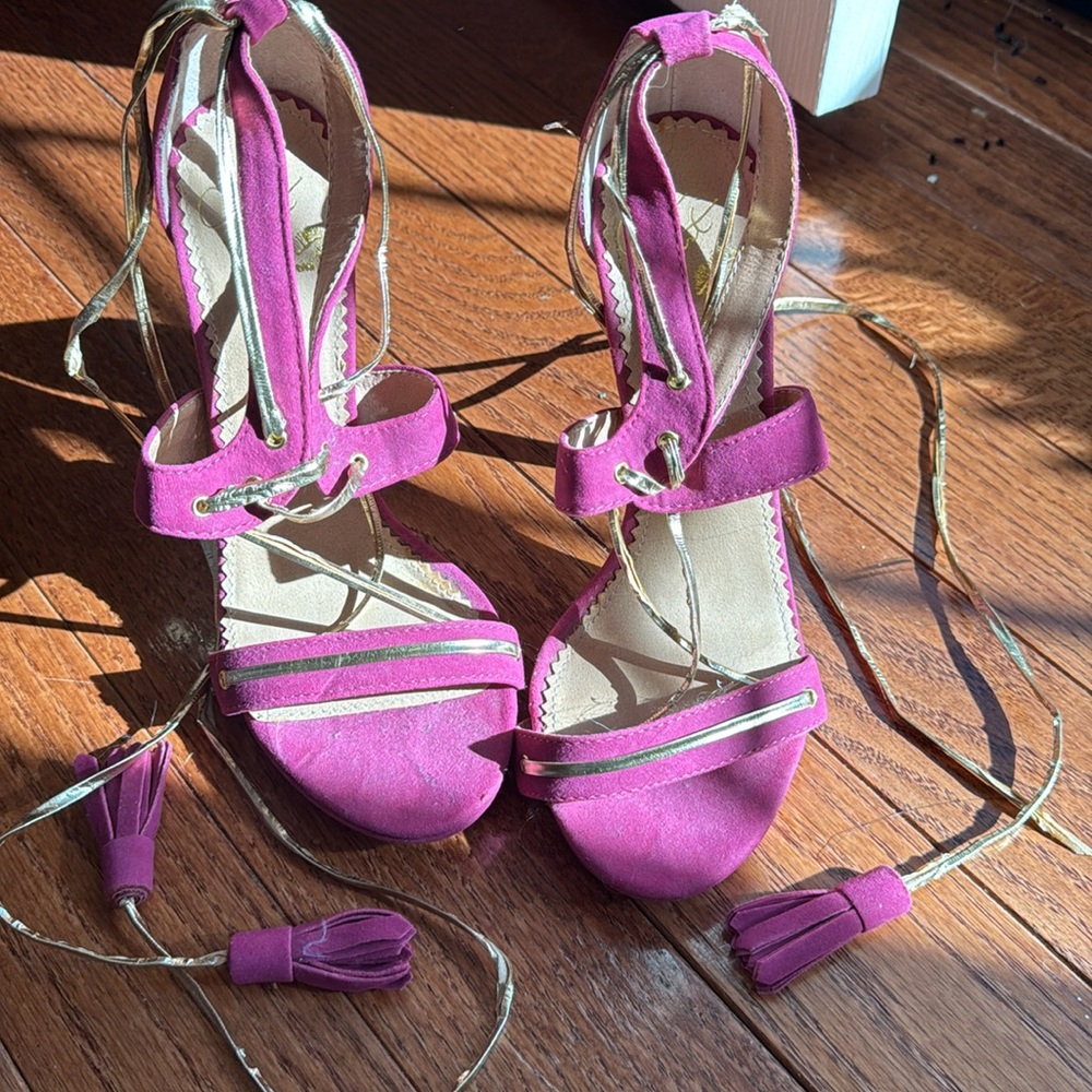 Colin Stuart Fusia & gold tie up high heels - Picture 10 of 12